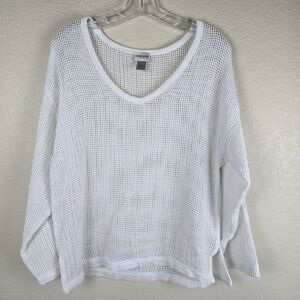 Chico's White Open Weave Crochet Knit Sweater V-Neck Cotton Boho Beachy Small